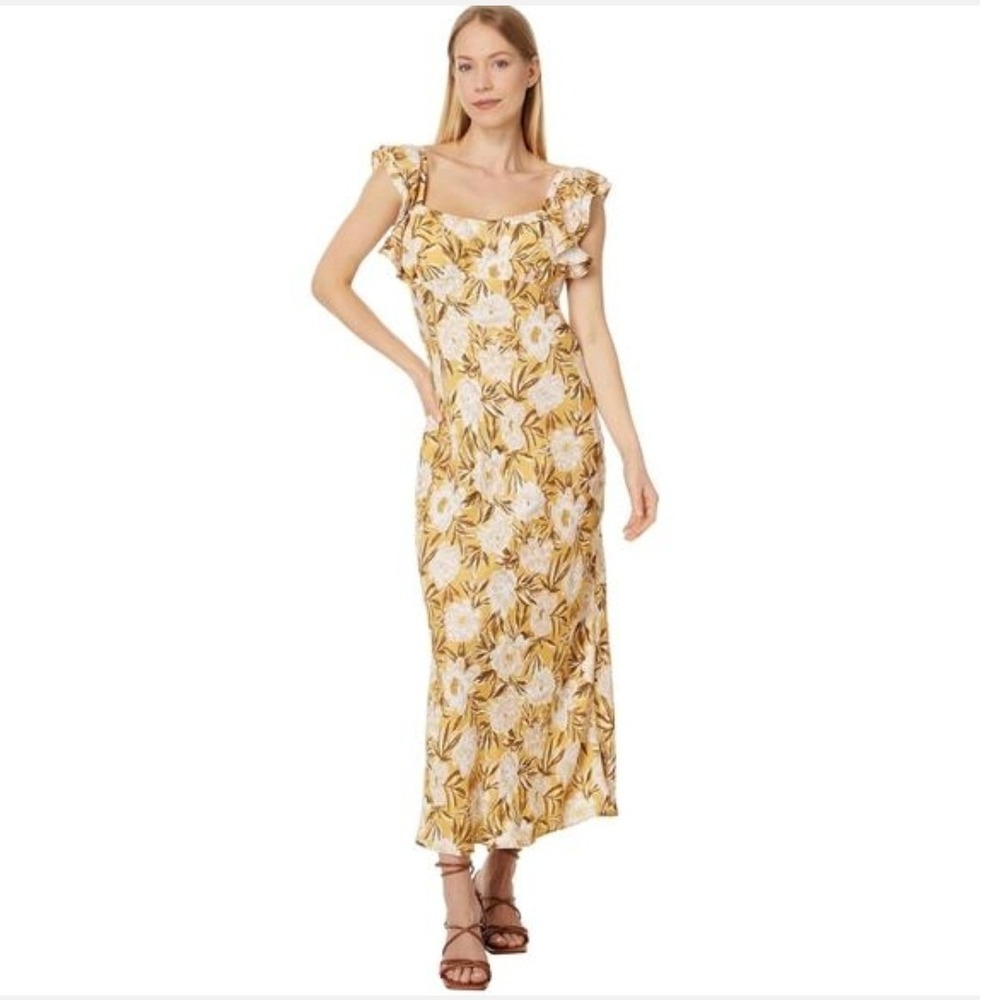 Madewell Women Yellow Floral Ruffle Cap Sleeve Maxi Dress Size 10 NEW